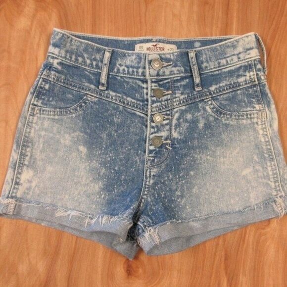 HOLLISTER Bleached Blue High Rise Button Fly Jean Shorts Size 00/23 Cuffed Denim - Picture 1 of 9